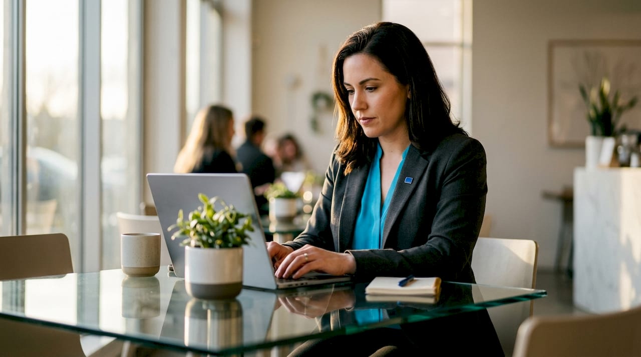 Recruiter typing follow-up email at desk