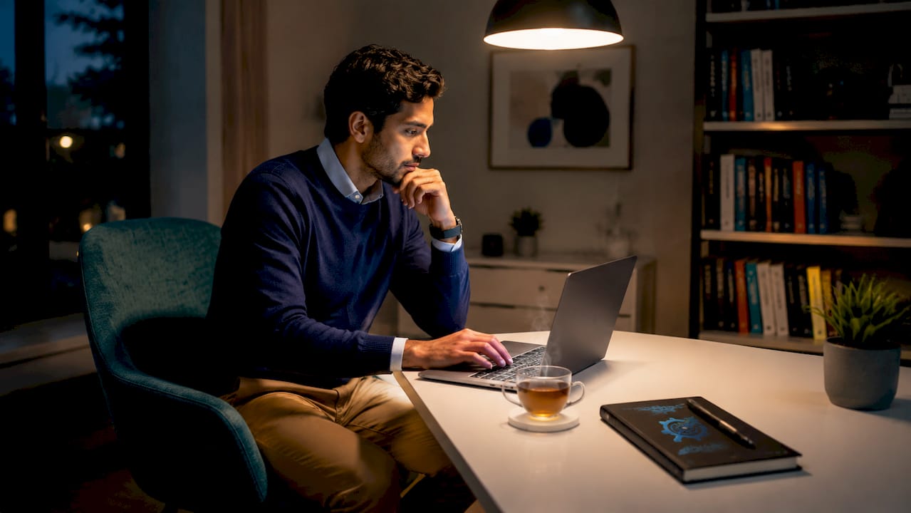 Hands typing on laptop in home office