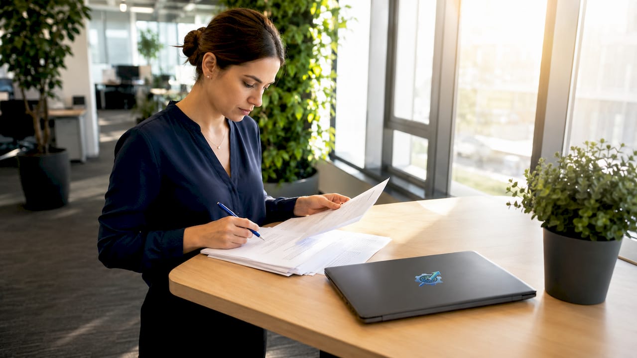 Recruiter reviewing resumes at desk