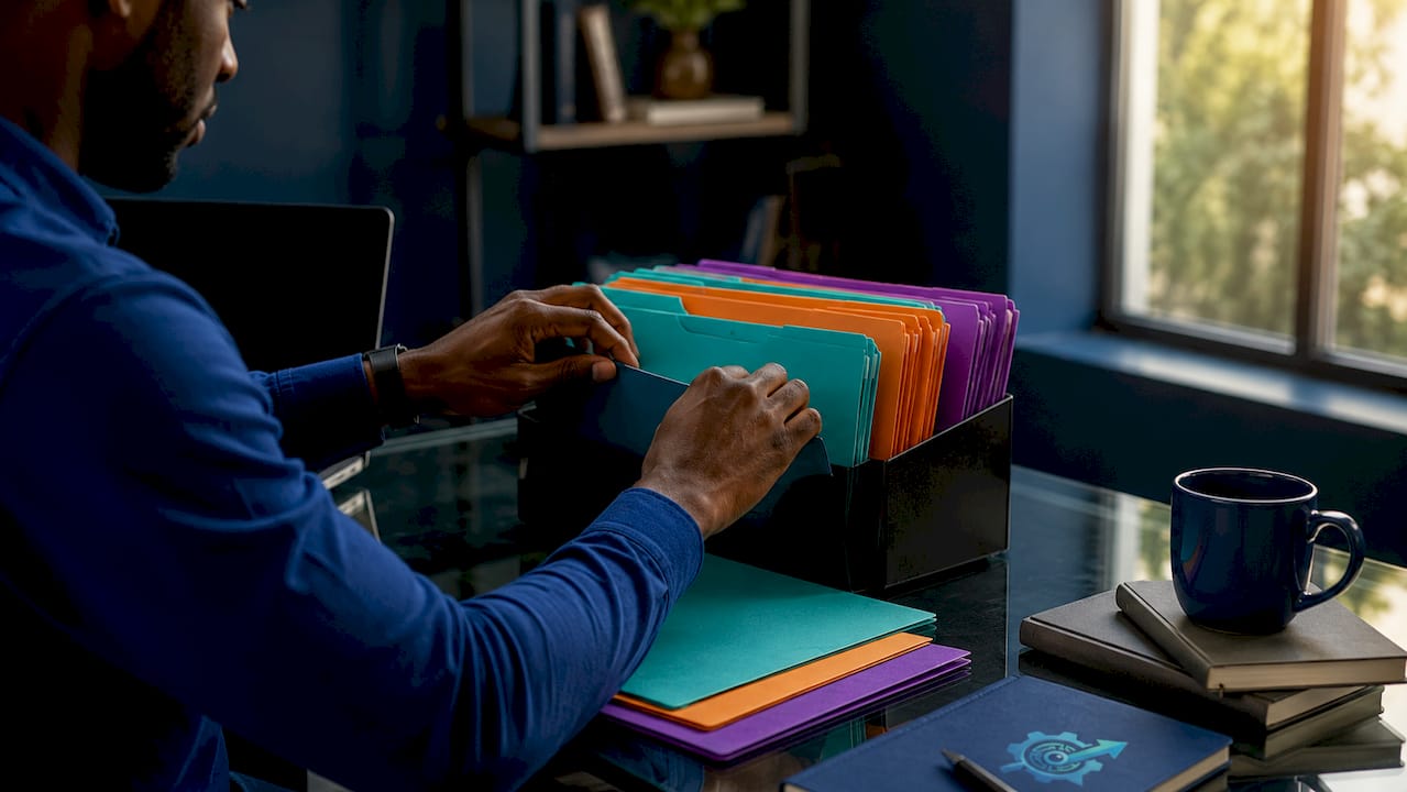 Overhead view of hands sorting candidate folders