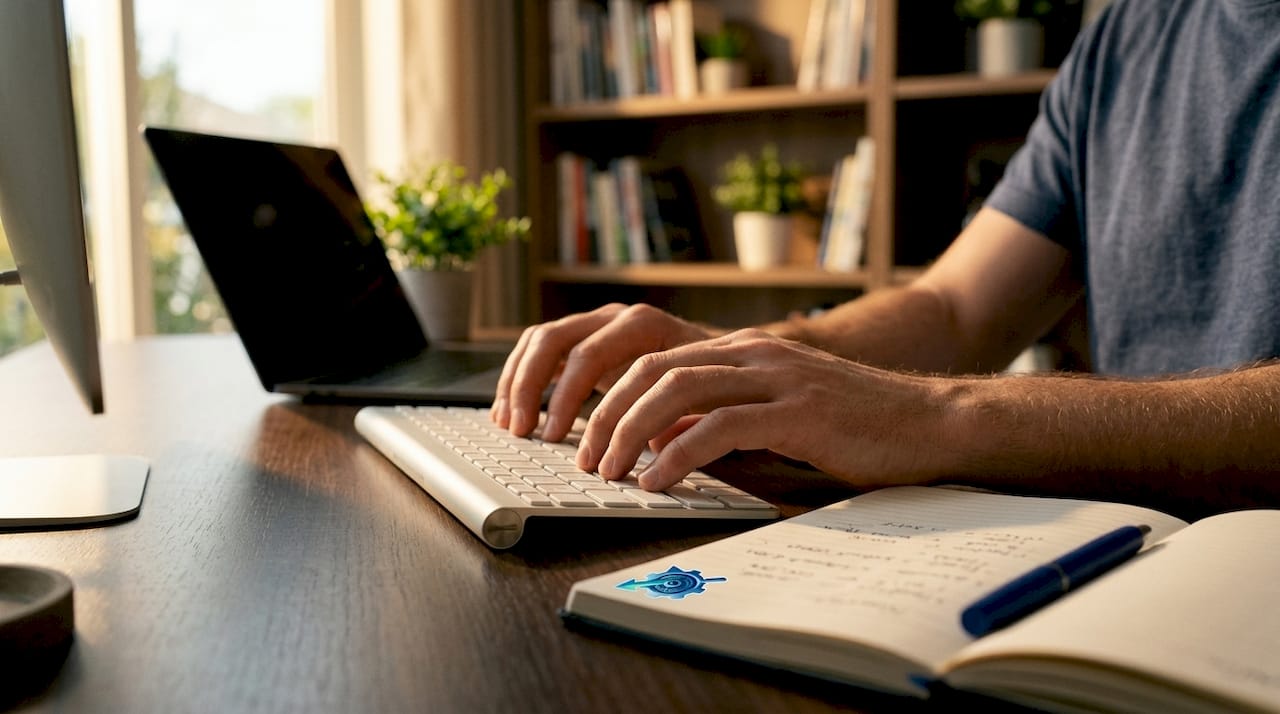 Close-up of hands typing recruitment workflow