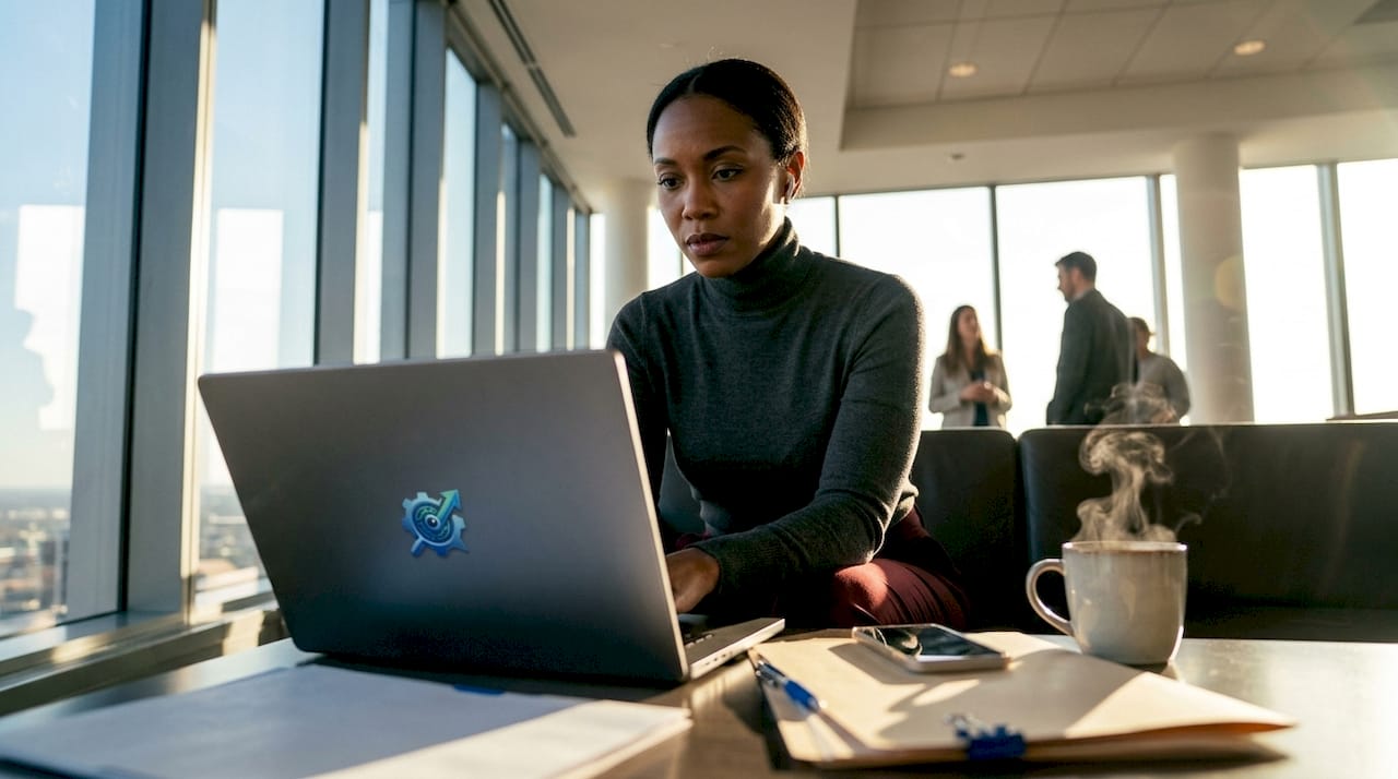 BD manager using hiring database on laptop