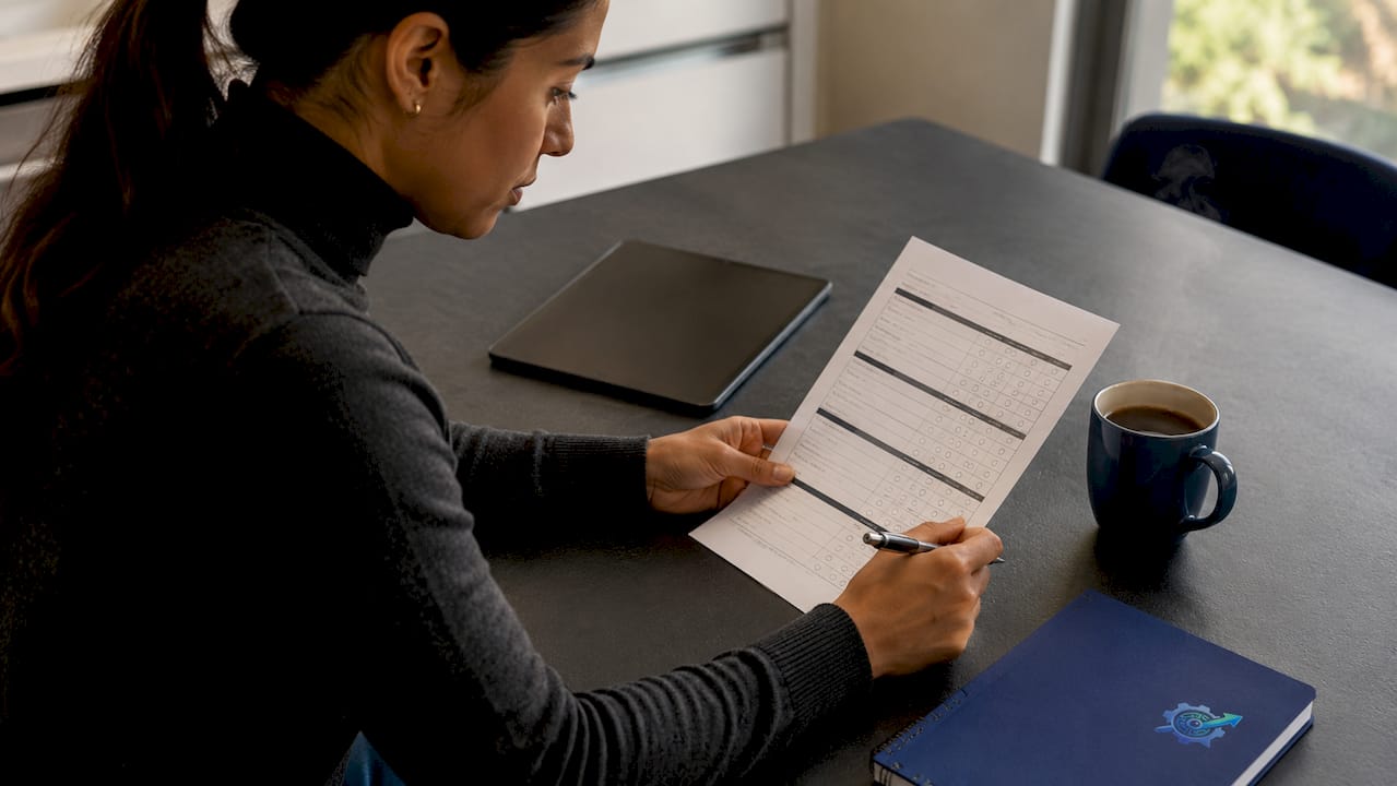 Hands marking structured interview sheet