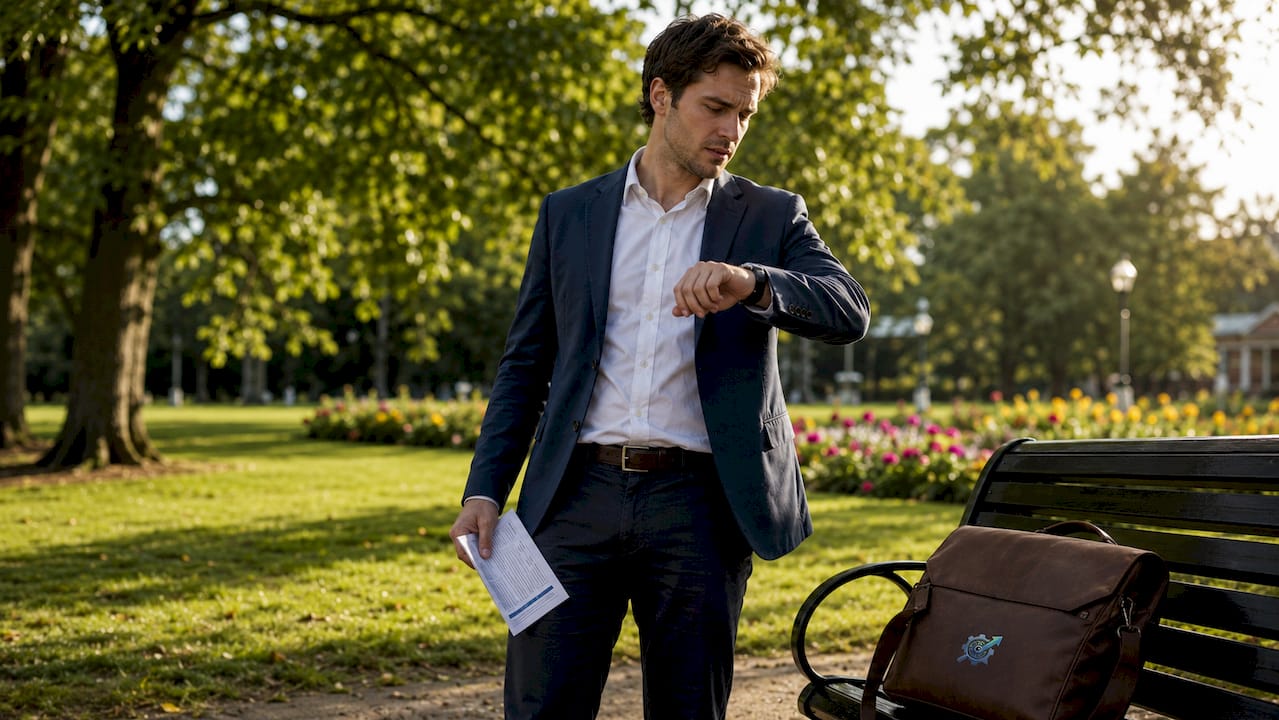 Candidate waiting impatiently outside office building