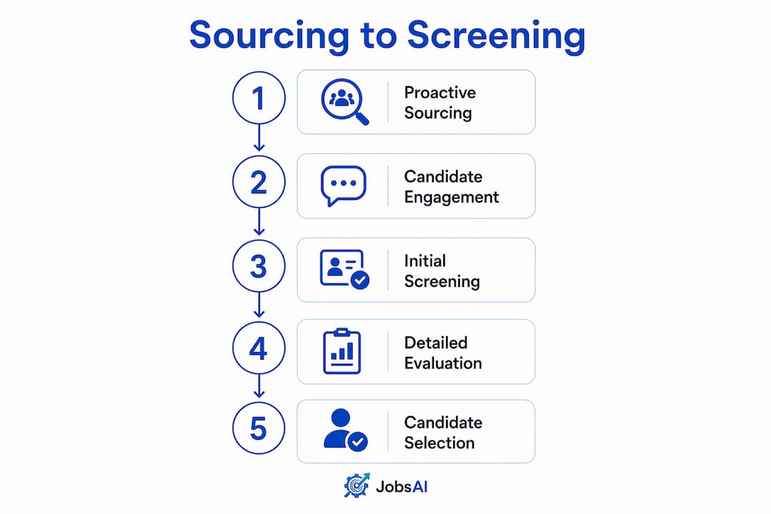 Infographic outlining sourcing to screening workflow steps