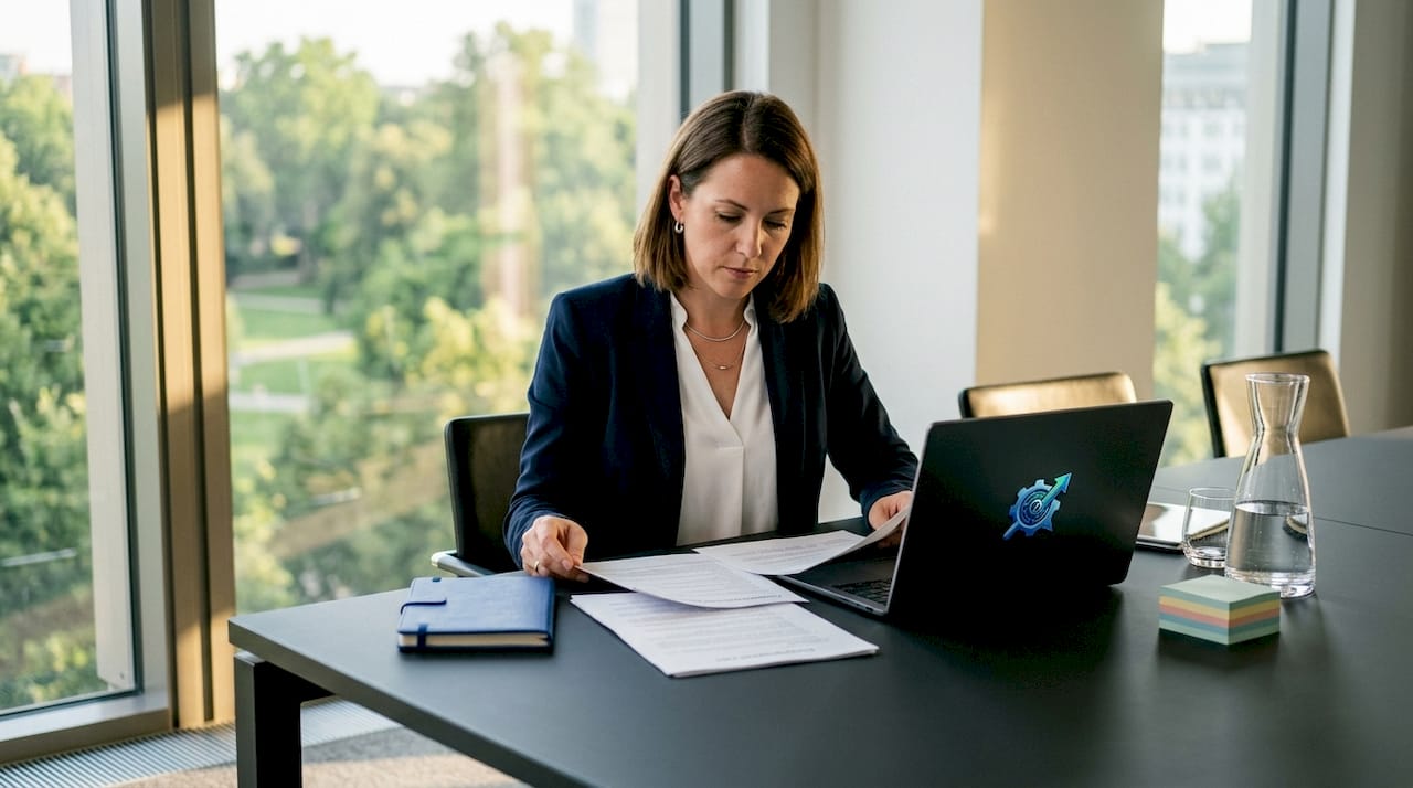 Recruiter reviewing printed compliance documents at desk