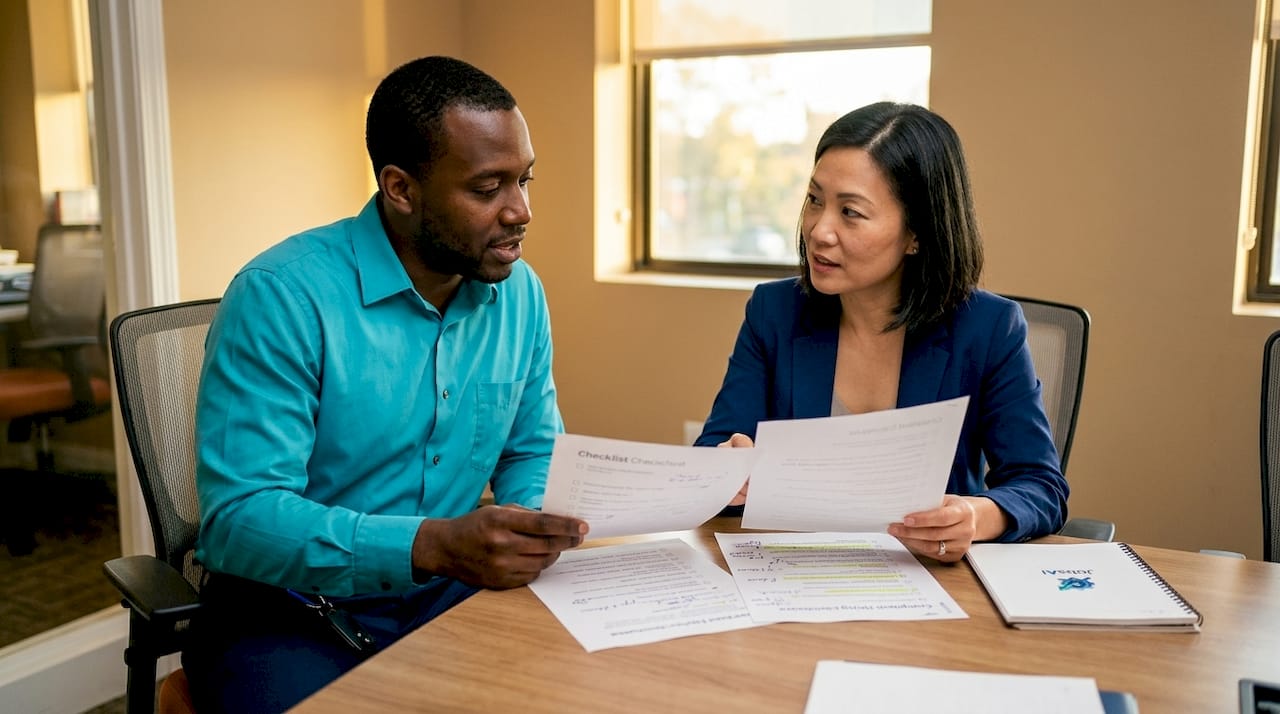 Two HR professionals discussing hiring compliance at table