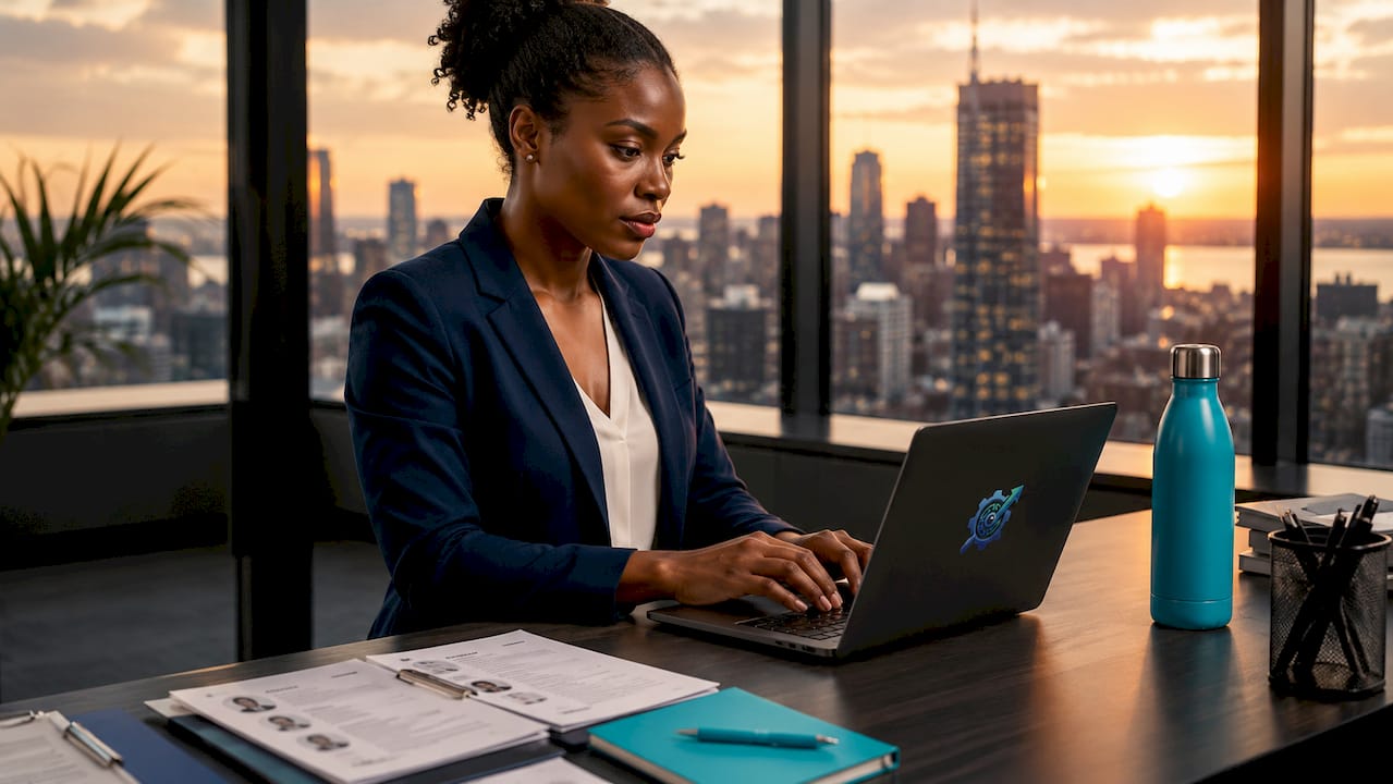 Recruiter quickly replying on laptop at desk