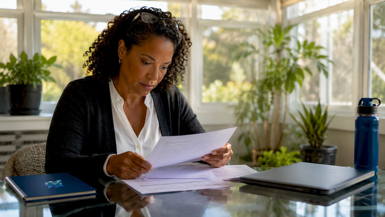 Woman reviewing interview evaluation documents