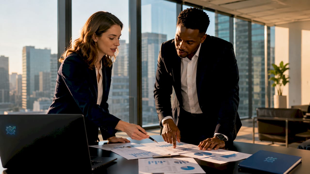 Hands pointing at recruiting KPI report charts