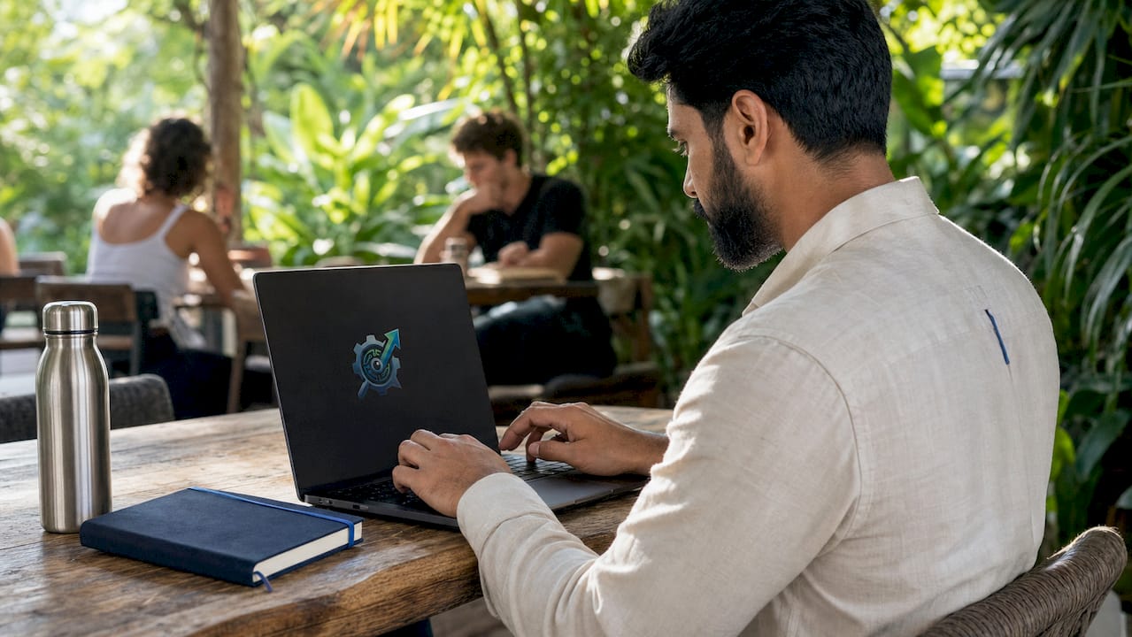 Hands typing recruiter metrics on laptop keyboard