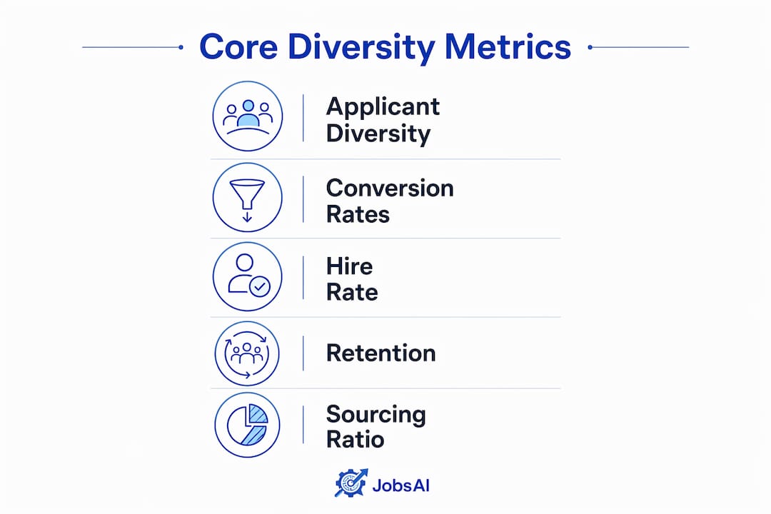 Infographic outlining core diversity hiring metrics in vertical steps