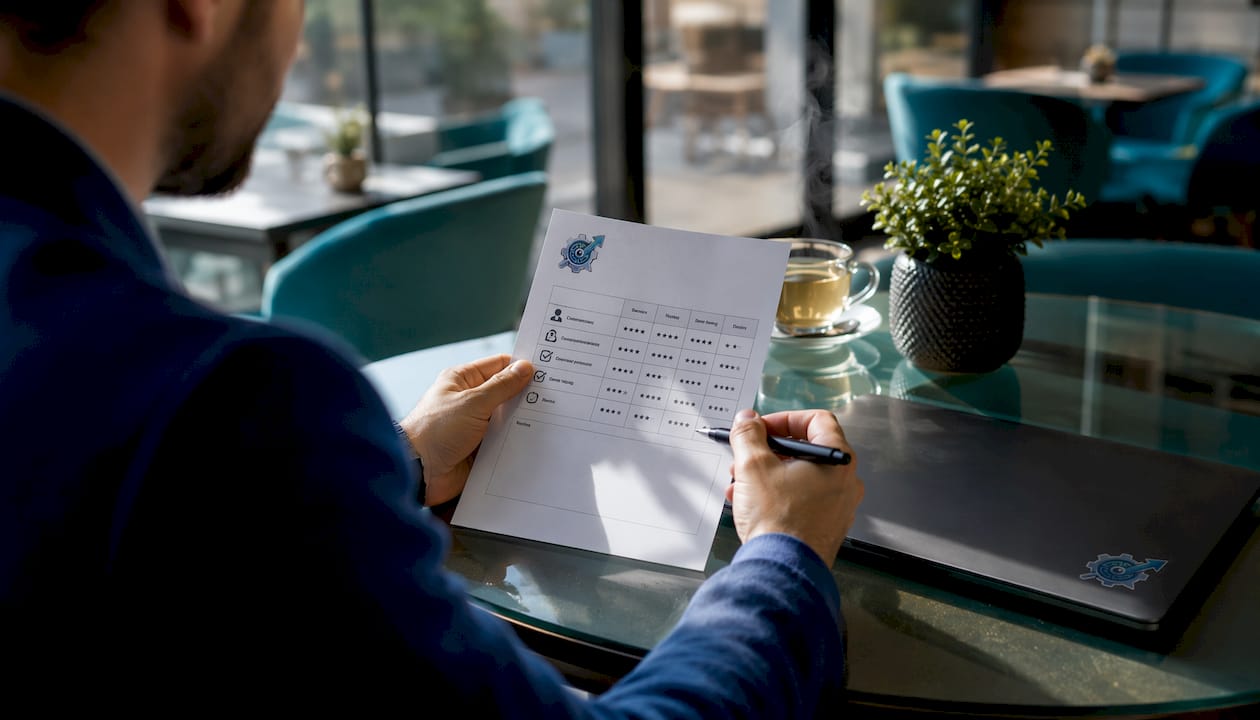 Hiring manager marking interview scorecard by desk