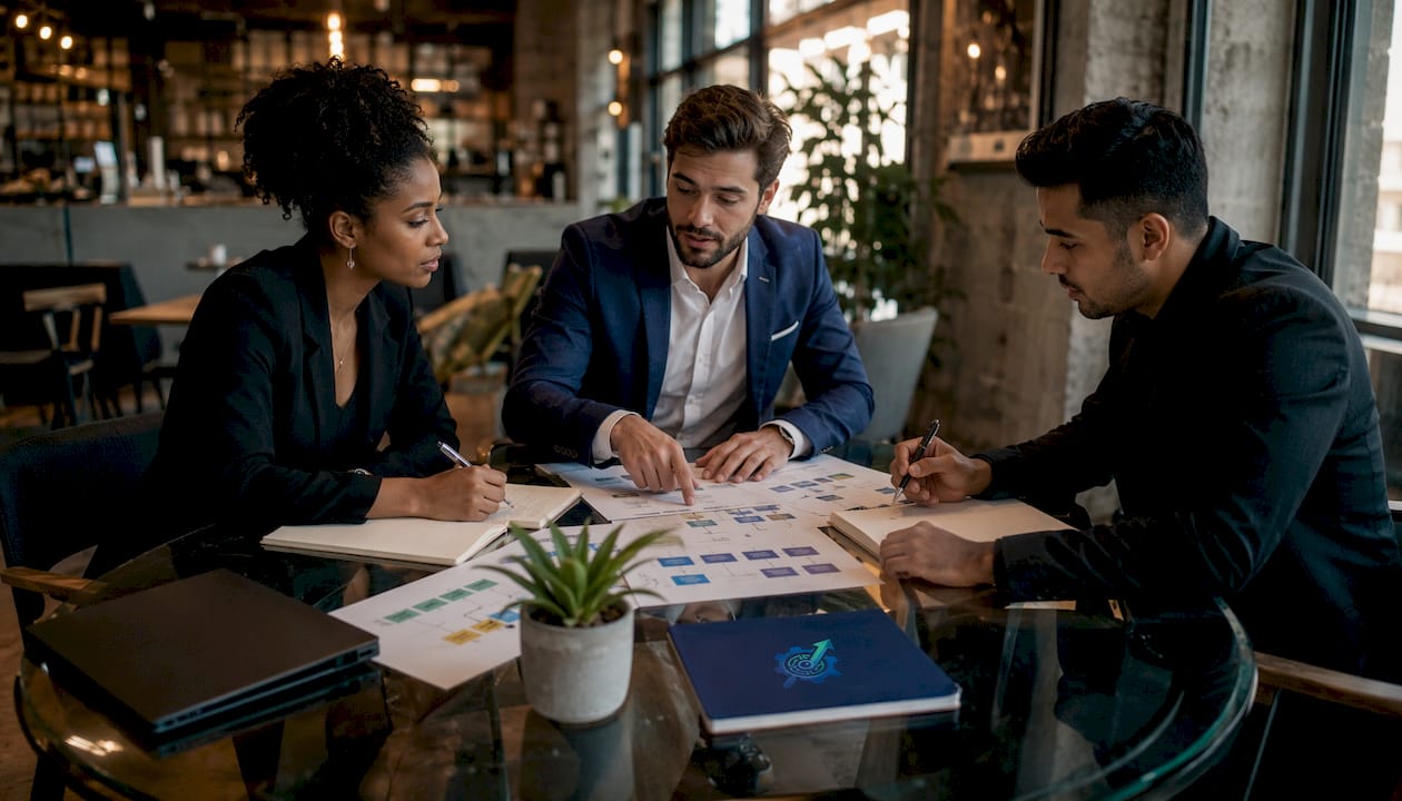 Recruiters planning candidate pipeline at conference table