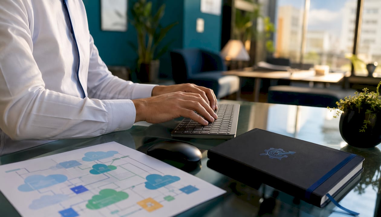 Hands typing with cloud migration diagrams nearby