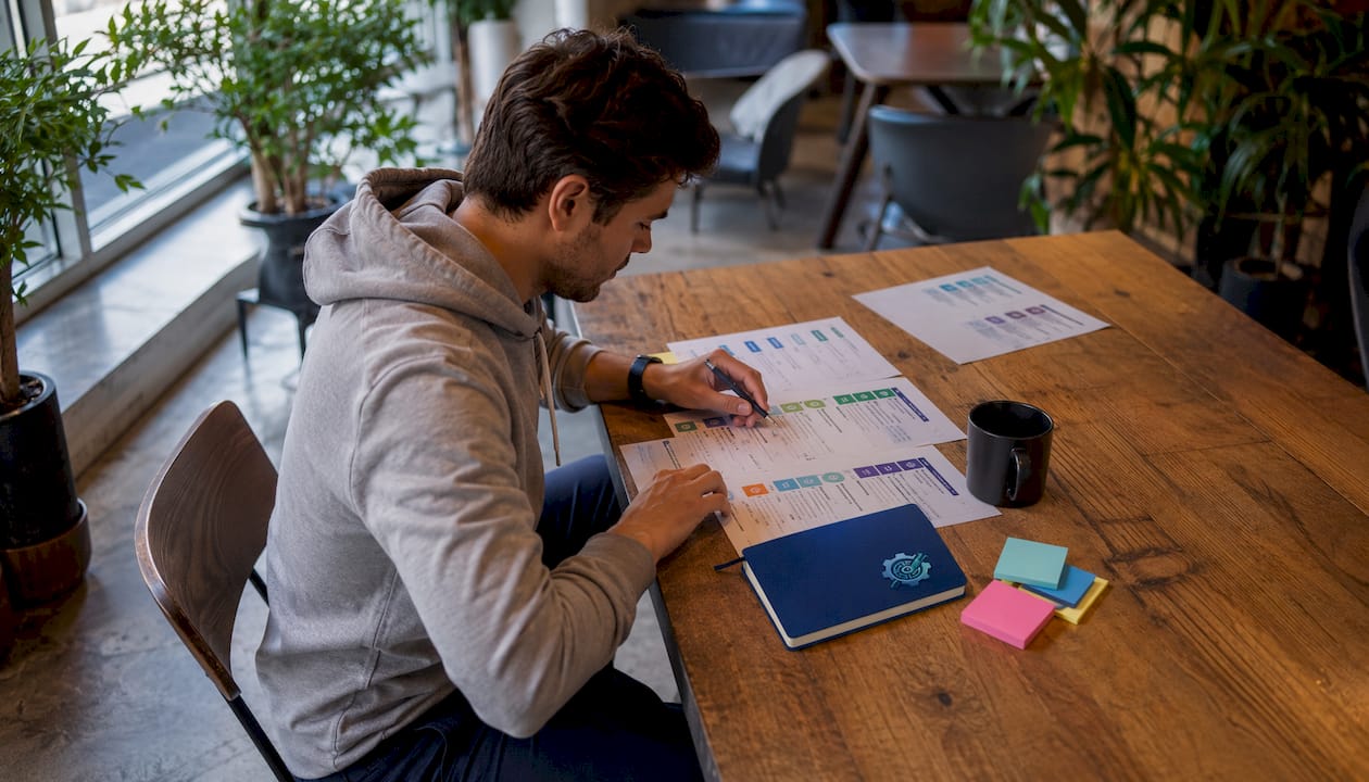 Expert reviewing project milestones at desk