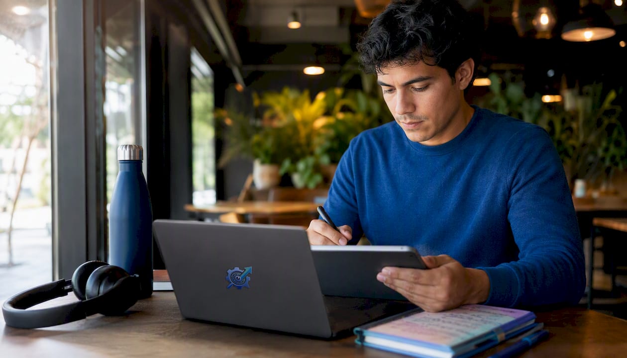Contract worker using tablet at coworking desk