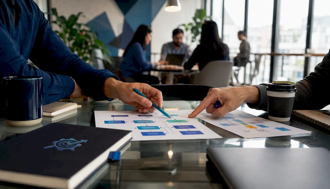 Hands pointing at ATS and CRM workflow charts