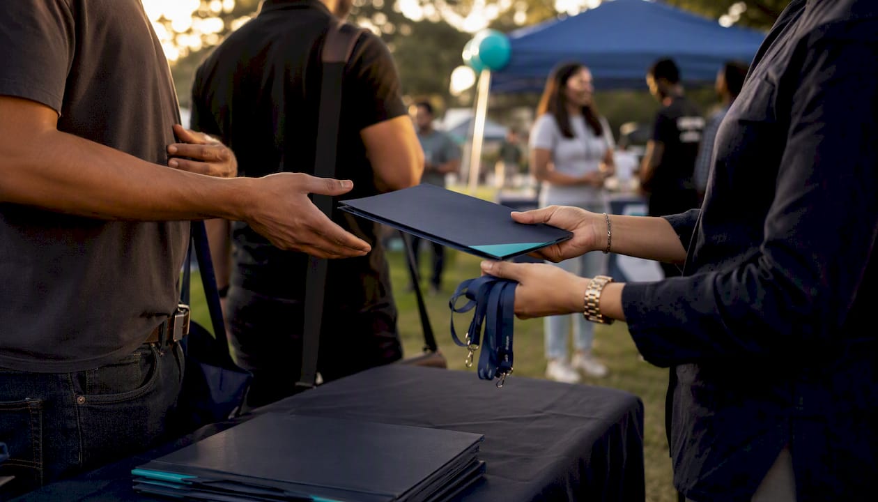 Recruiter handing out job info at community hiring event