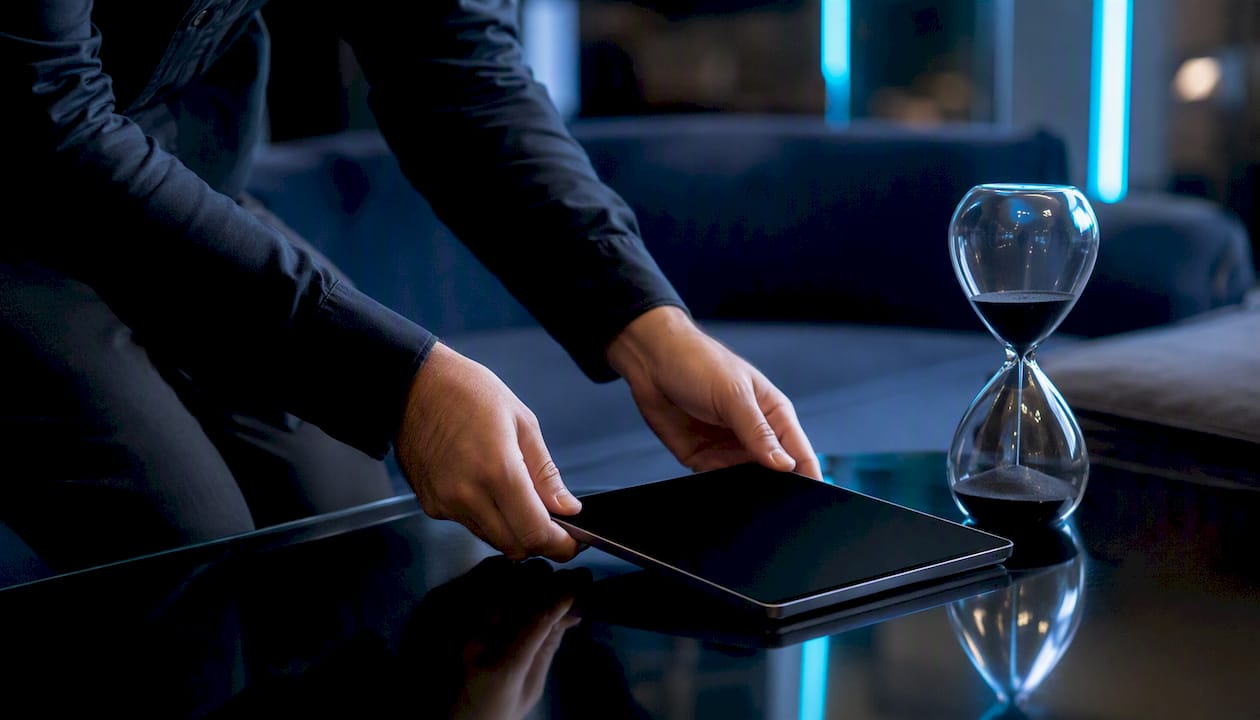 Hands placing device beside hourglass