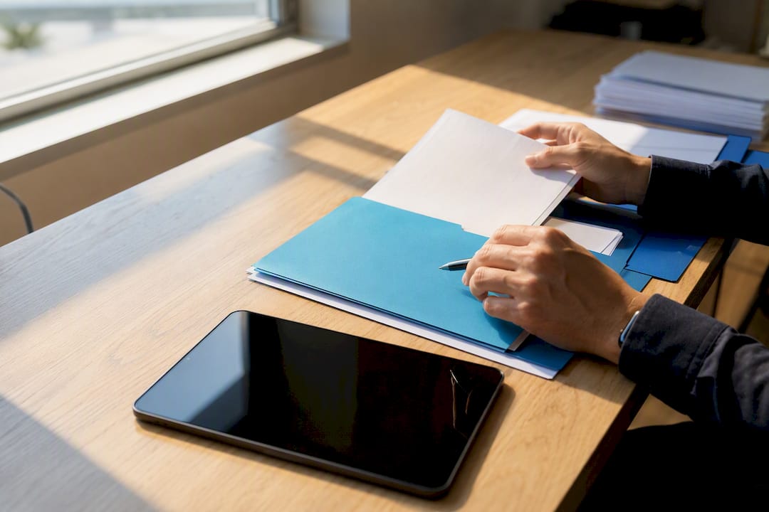 Recruiter preparing bilingual screening materials on desk