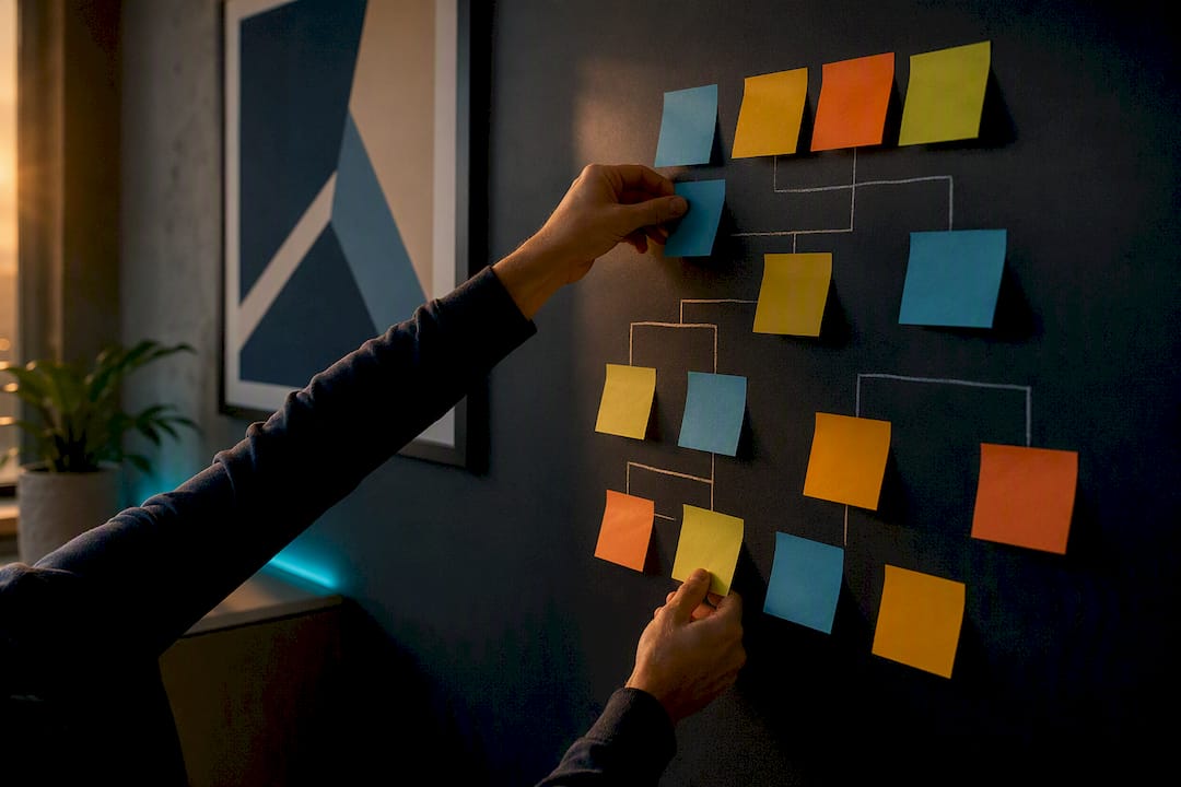Hands arranging partnership process flow on sticky notes