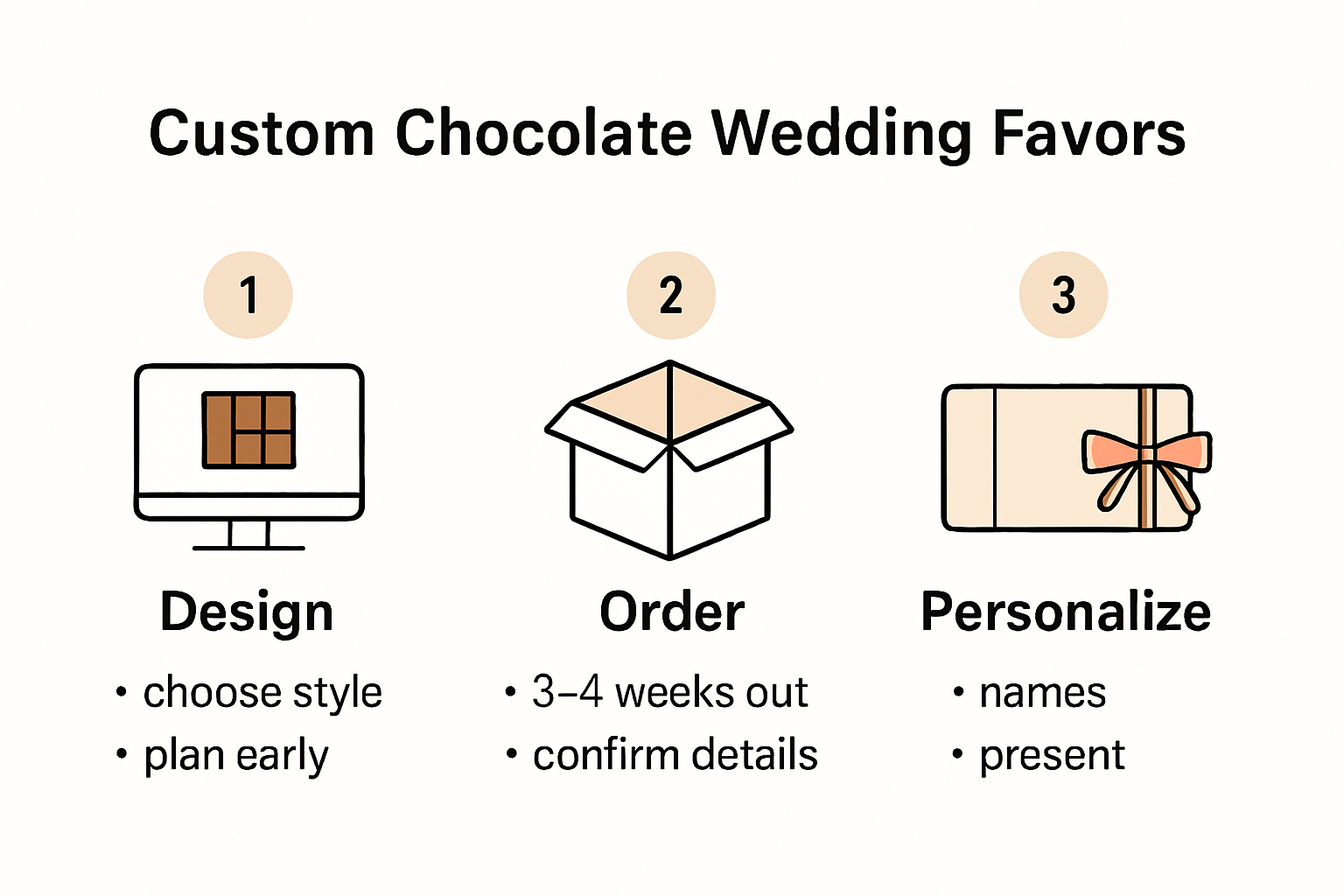 Step-by-step custom wedding chocolate favor process infographic