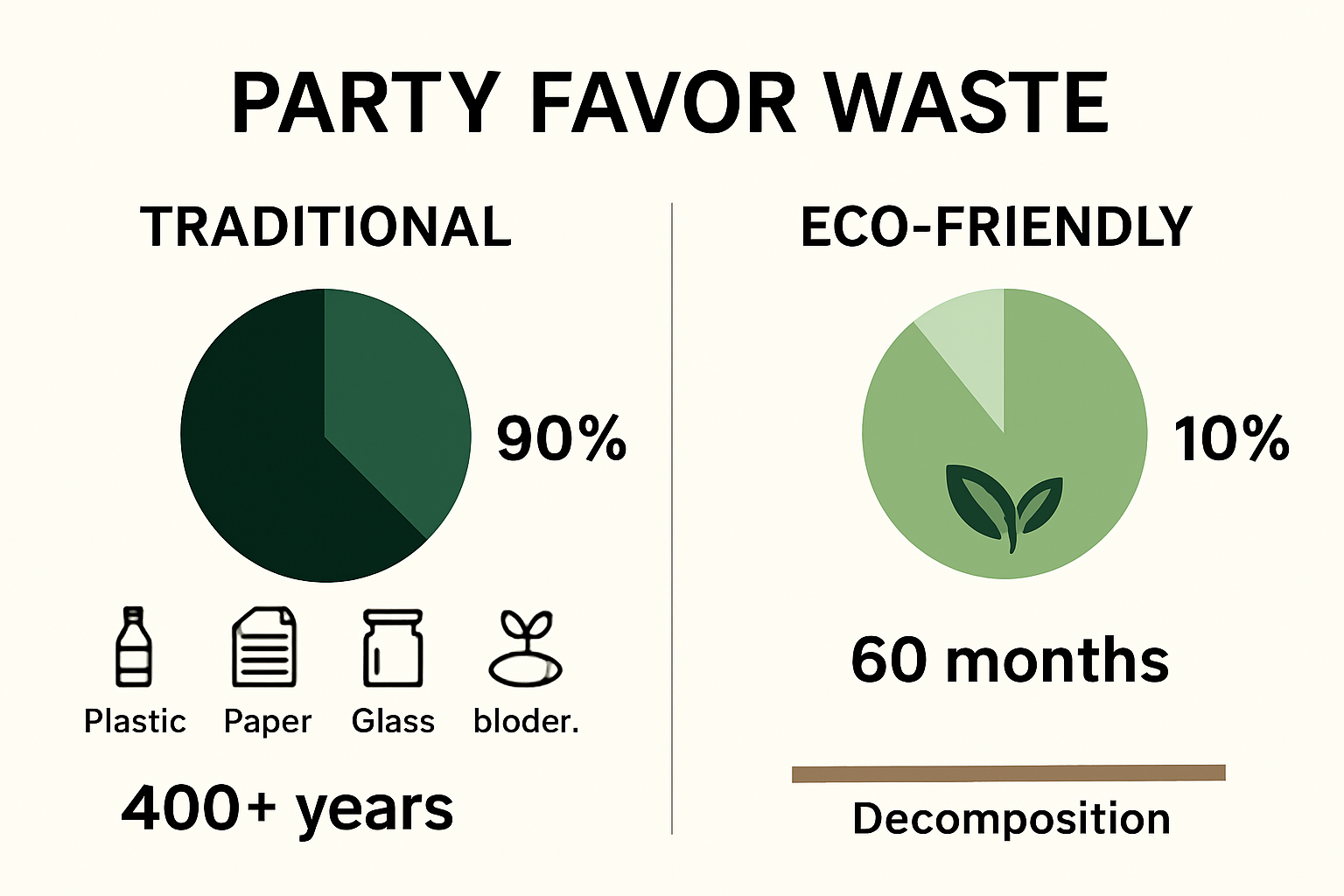 Infographic comparing environmental impact of eco-friendly and traditional party favors