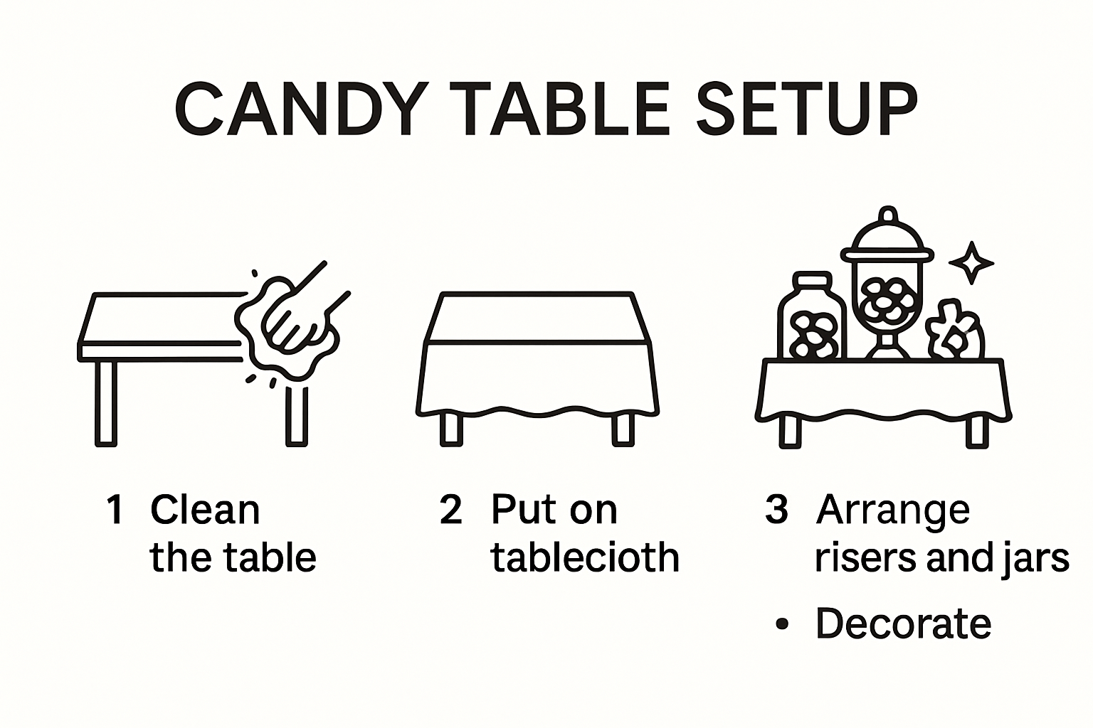 Candy table setup steps infographic