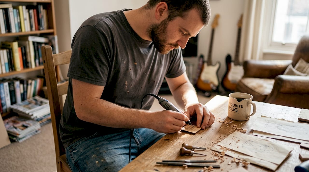 Man engraving wooden party gift tags
