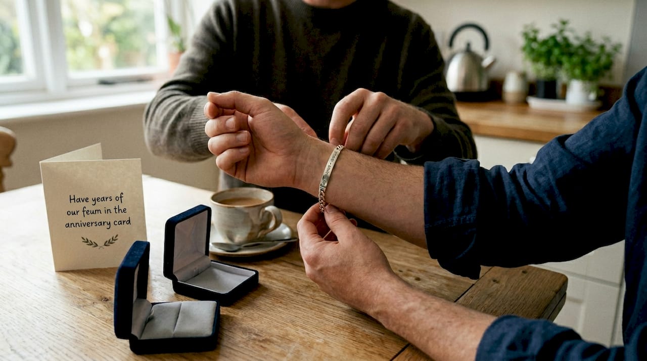 Fastening engraved anniversary bracelet on wrist