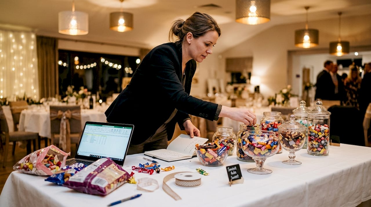 Planner organizing assorted wedding candy display