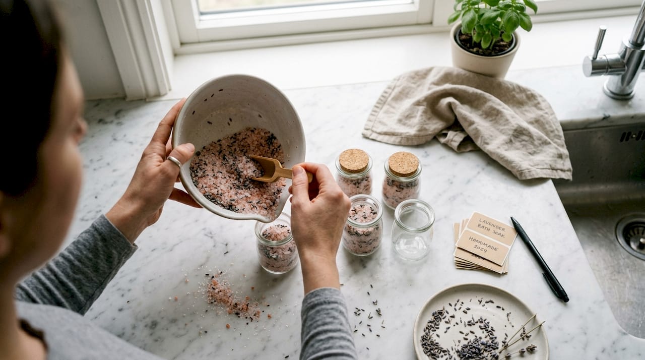 Hands making bath salt bridal shower favours