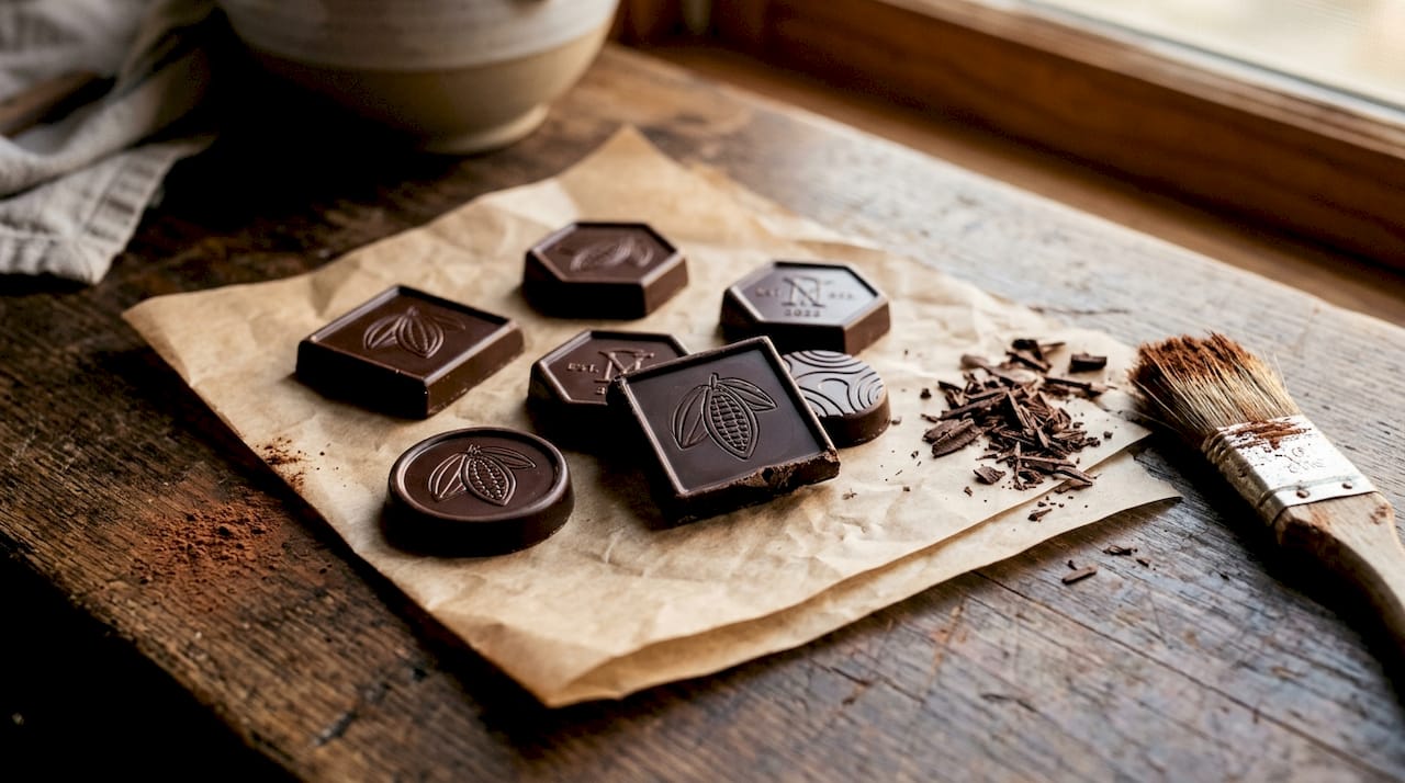 Engraved custom chocolates on rustic kitchen counter