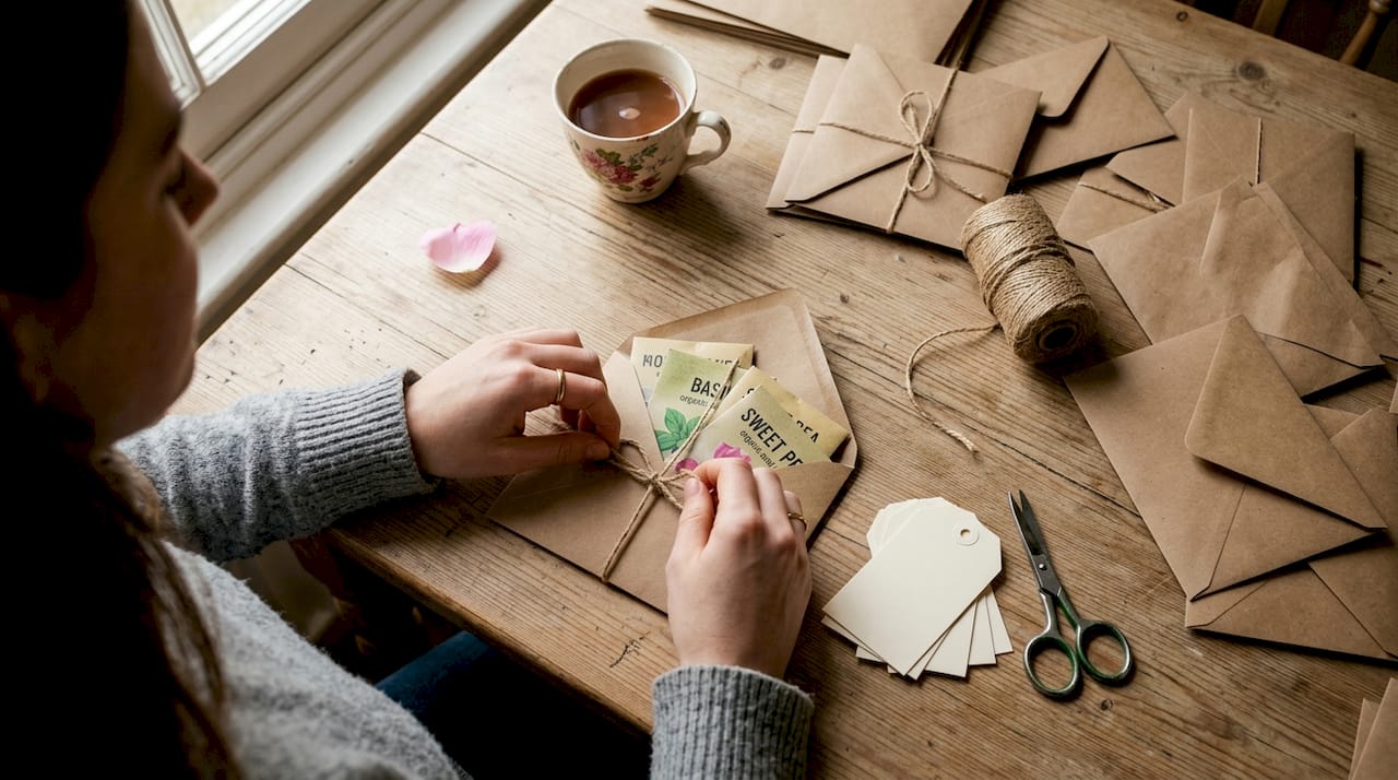 Woman hand-packaging wedding favour seed envelopes