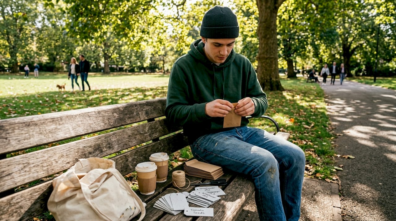 Man assembling eco-friendly personalised gifts outdoors