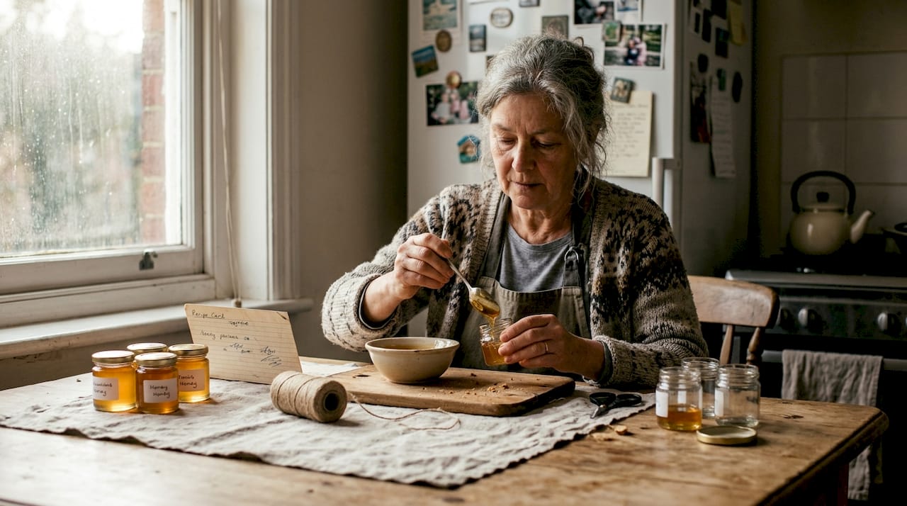 Elderly woman preparing traditional honey wedding favours