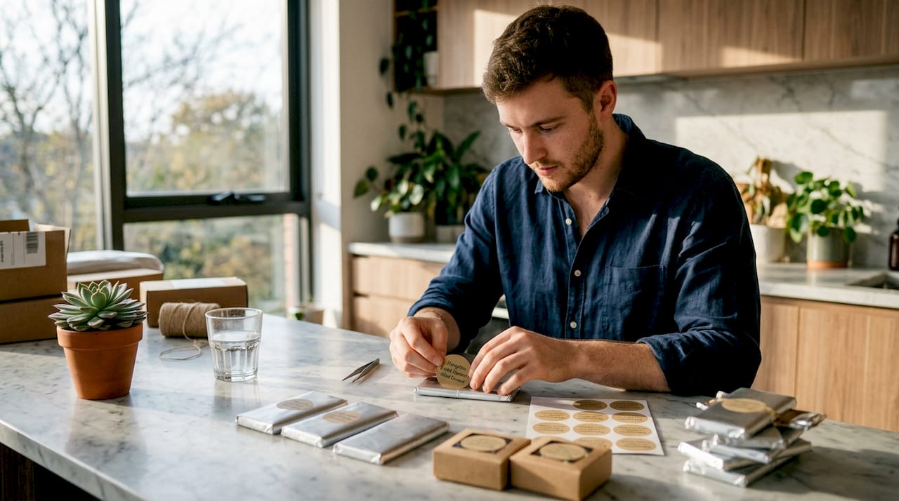 Applying stickers to modern confectionery display