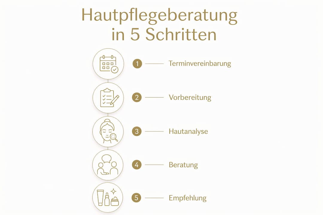 Die Grafik veranschaulicht die fünf wichtigsten Schritte einer professionellen Hautpflegeberatung.