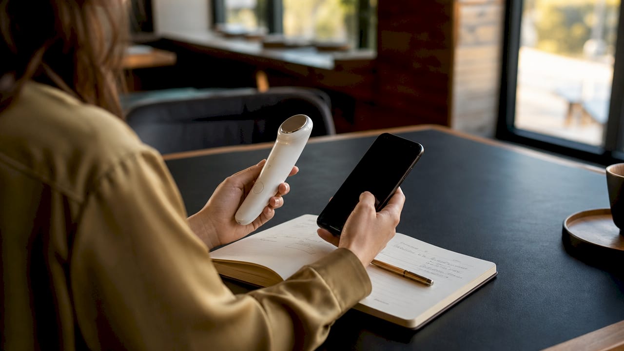 Jemand hält ein defektes Beauty-Gerät in der einen und das Smartphone in der anderen Hand.