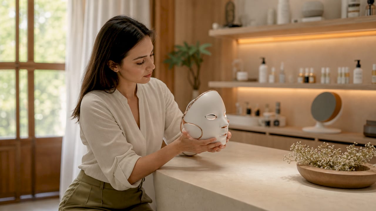 In einer Nahaufnahme sieht man, wie jemand im Badezimmer ein LED-Gesichtsgerät in den Händen hält.
