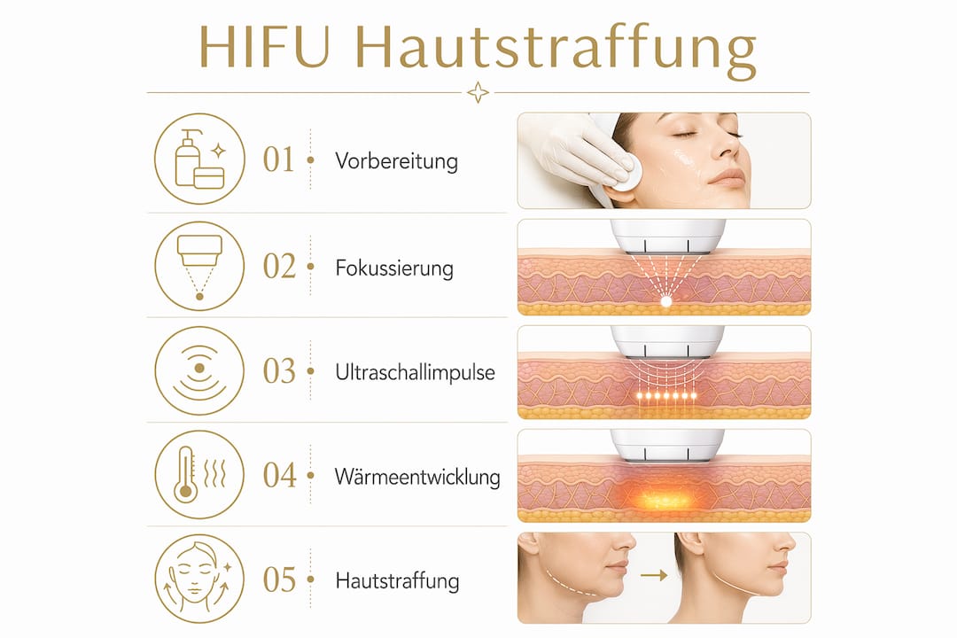 Schritt-für-Schritt-Infografik: So läuft eine HIFU-Behandlung zur Hautstraffung ab