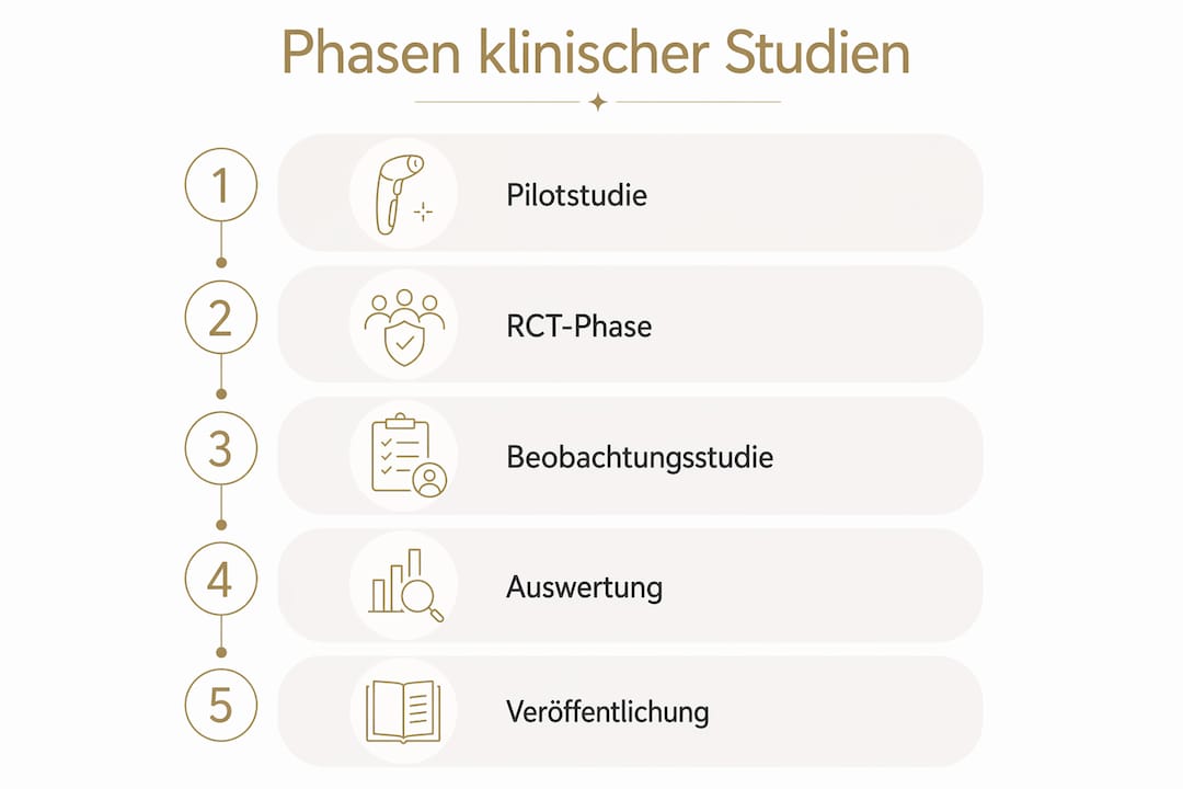 Grafik veranschaulicht die verschiedenen Abschnitte einer klinischen Studie