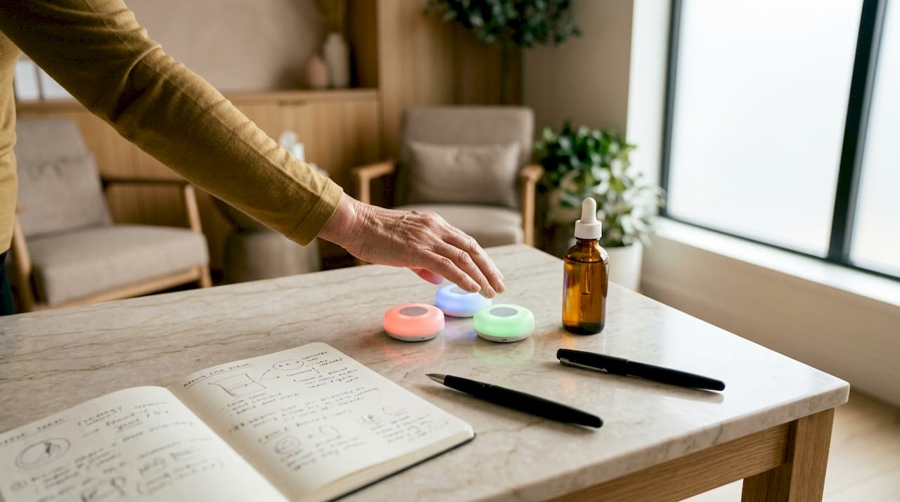 Mit der Hand werden LED-Geräte in unterschiedlichen Farben sortiert.