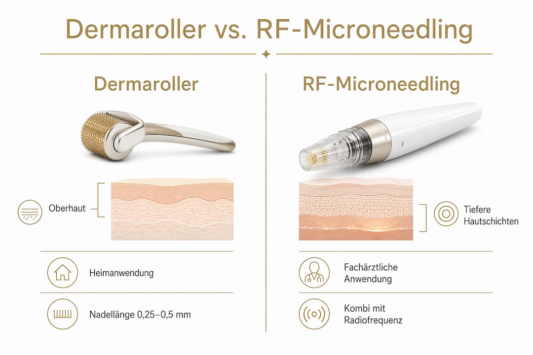 Übersichtsgrafik: Dermaroller vs. RF-Microneedling – die wichtigsten Unterschiede auf einen Blick