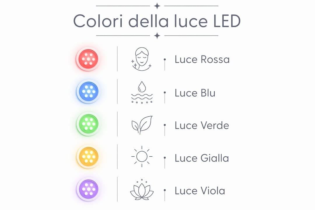 Infografica sui principali colori della luce e sulle diverse applicazioni della maschera LED