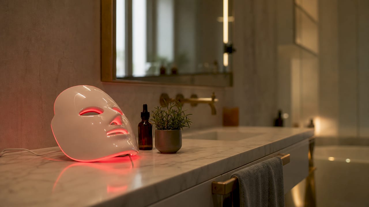 Maschera a LED con luce rossa appoggiata sul tavolo