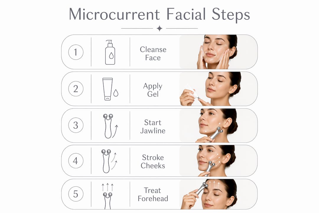 Infographic showing step-by-step microcurrent facial process