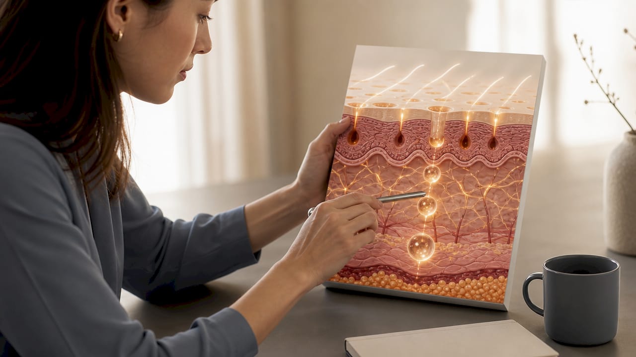 Close-up illustration of skin pores opening by electrical pulses