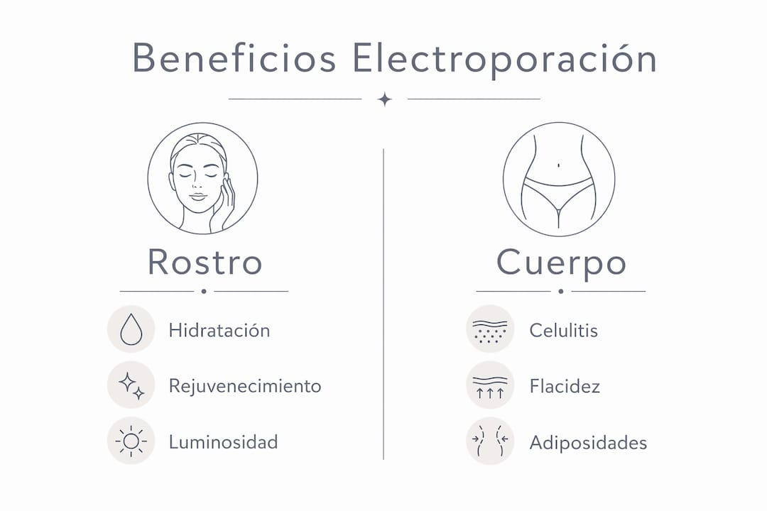 Infografía sobre los principales beneficios de la electroporación para el rostro y el cuerpo